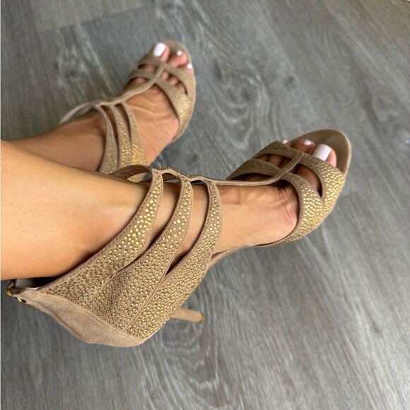 Michael Kors womens taupe sandal heel suede sparkle bling party formal Size 8.5 - Picture 2 of 9